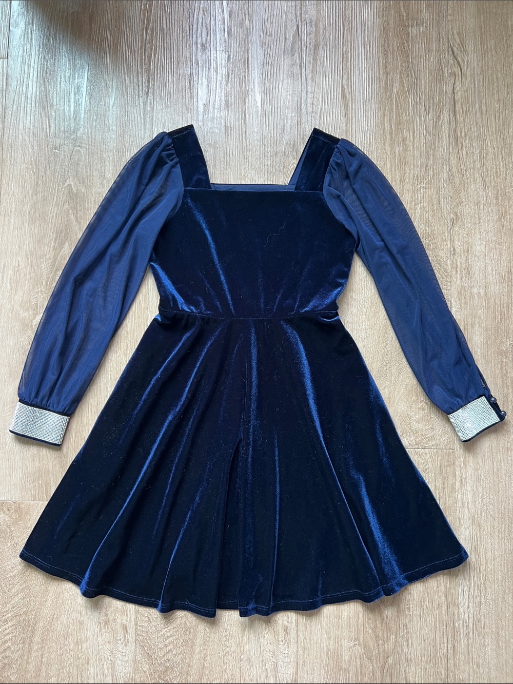 Speechless Girls Square-Neck Blue Mesh Sleeve Velvet Fit & Flare Dress Size 8